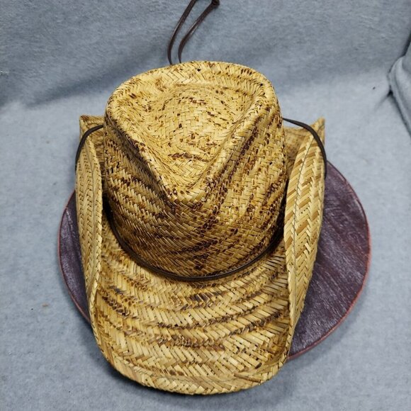 Dorfman Pacific Handwoven Straw Cowboy Hat With Brown Leather Band & Curved Brim - Picture 1 of 13